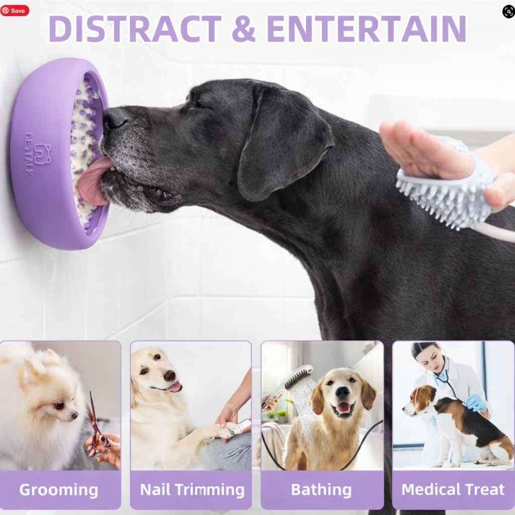 Great Dane using wall-mounted lick mat for distraction during grooming and bathing