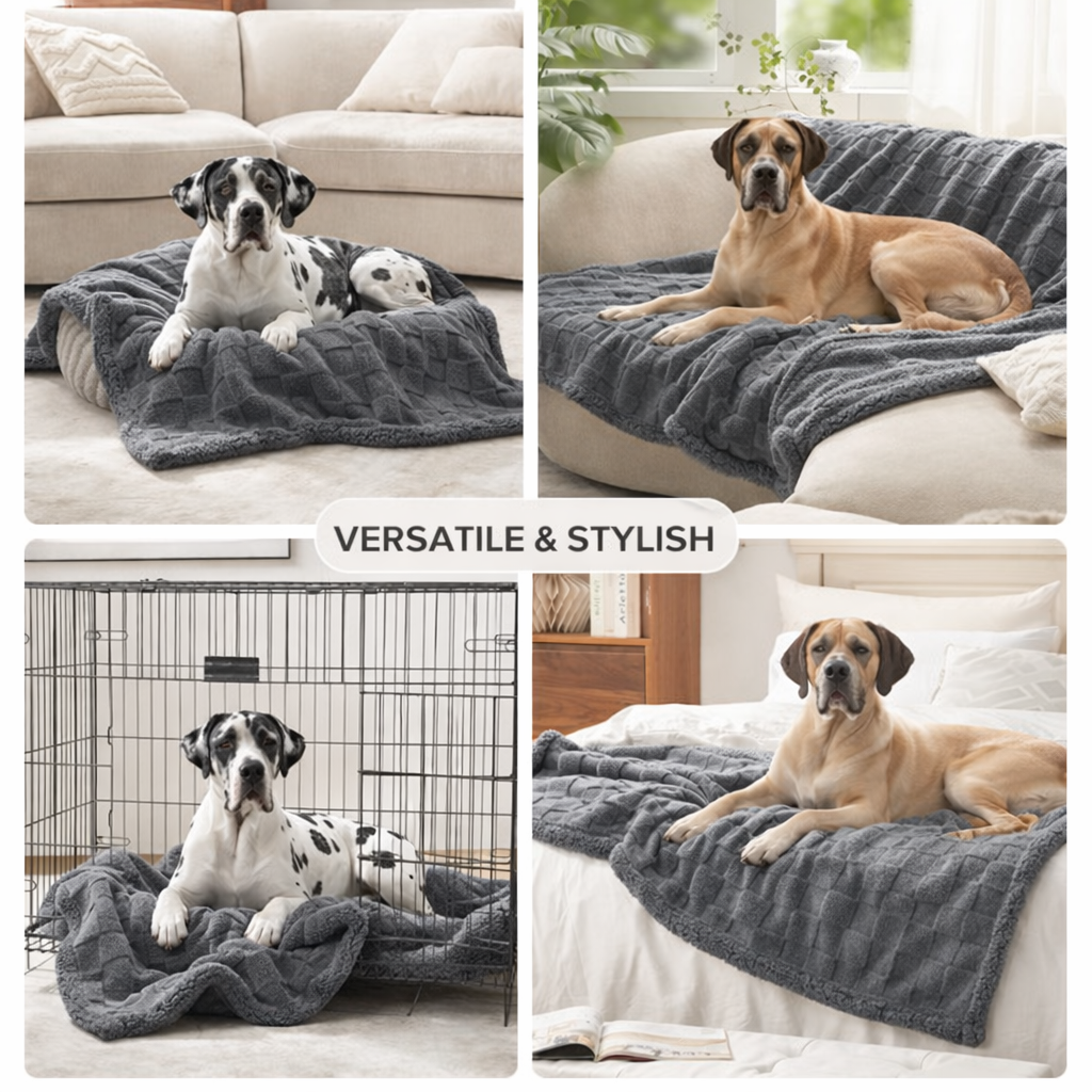 Versatile cozy dog blanket for Great Danes used on couch, crate, bed, and dog bed