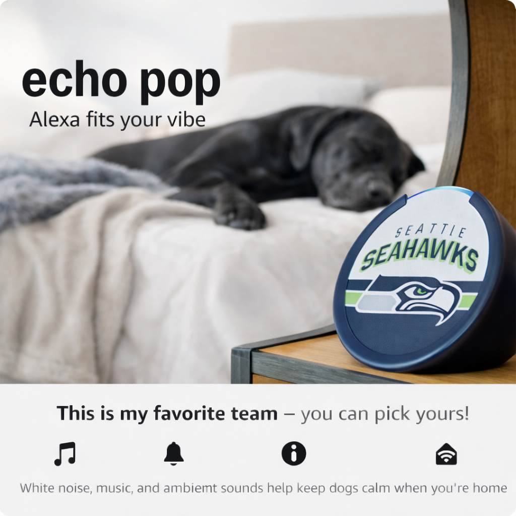 White noise smart speaker with Great Dane sleeping in background