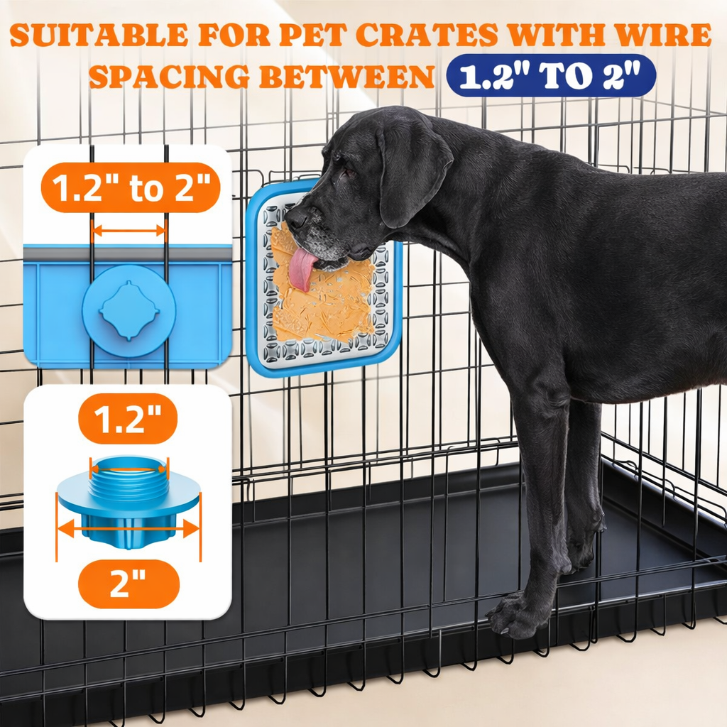Great Dane standing and licking vertical crate-mounted lick mat to reduce anxiety
