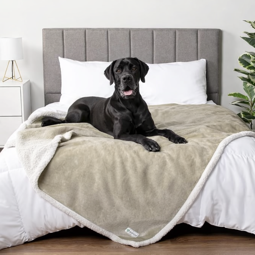 Large cozy dog blanket on bed with Great Dane