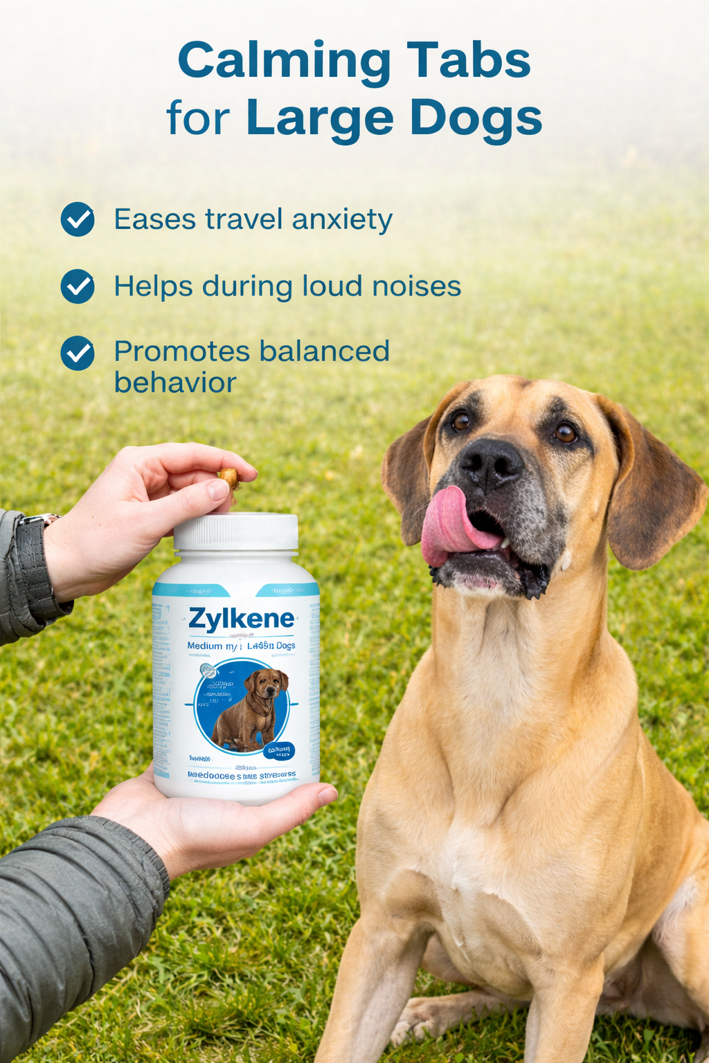 Fawn Great Dane licking his lips for calming dog supplements