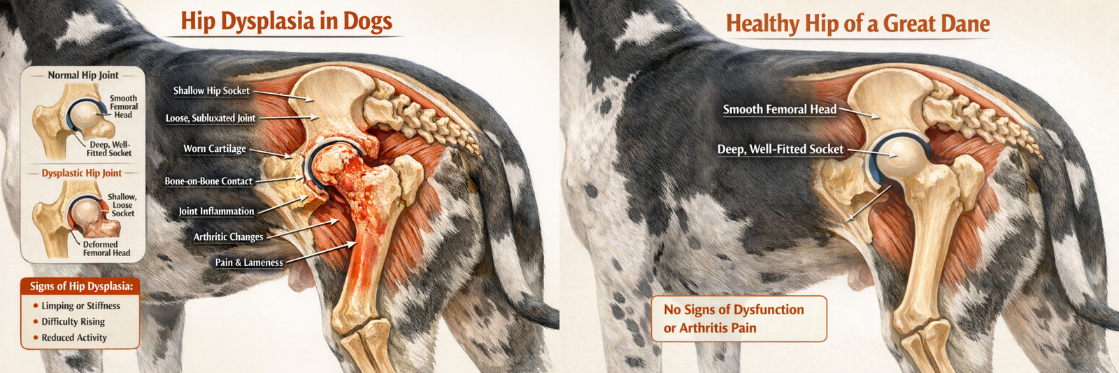 Hip dysplasia diagram showing changes inside the hip joint