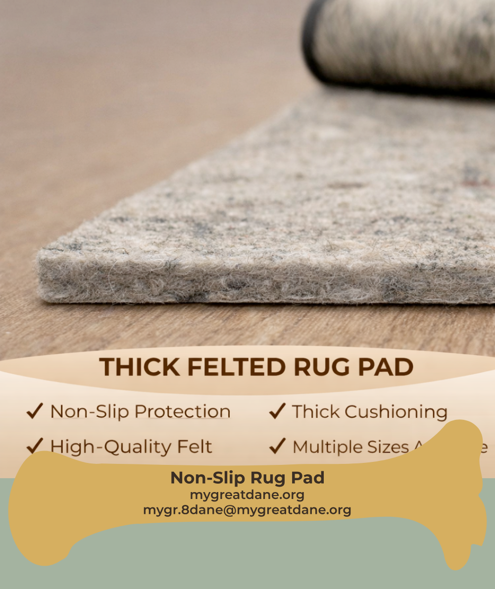 Rug pad underlayment for hard floors to reduce slipping and protect Great Dane joints
