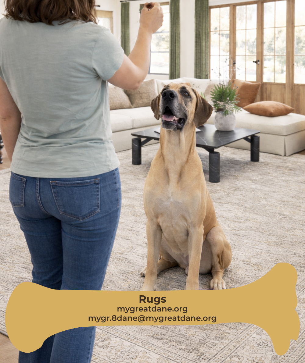 Area rug for traction on hard floors to help Great Danes walk and train safely