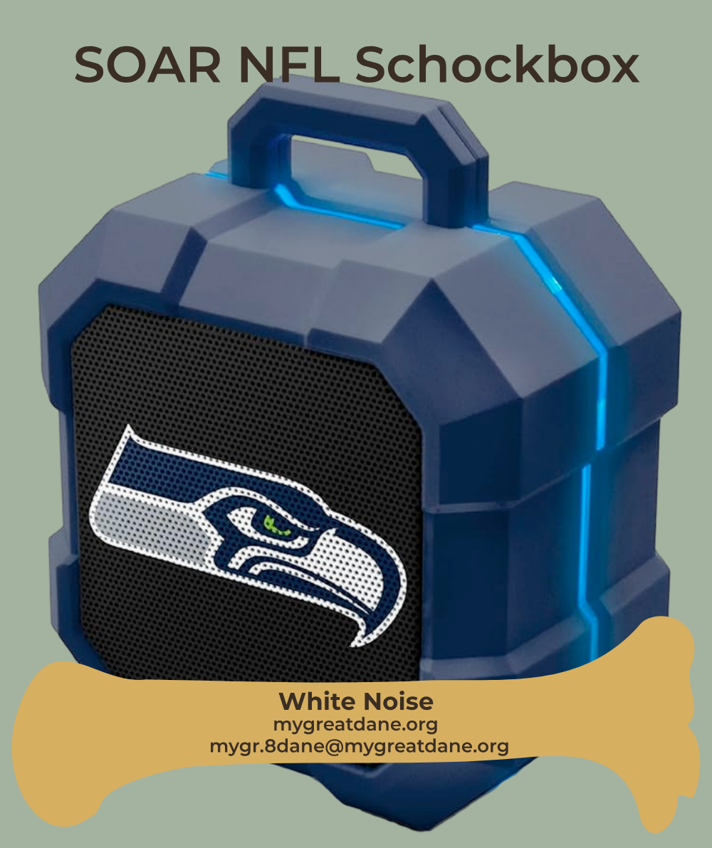 White noise machine on shelf with Great Dane sleeping in background