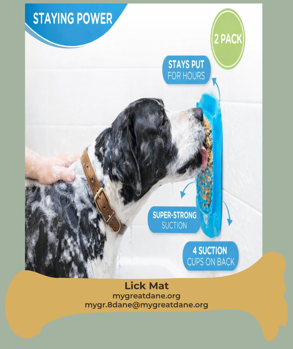 Great Dane licking a lick mat while taking a bath