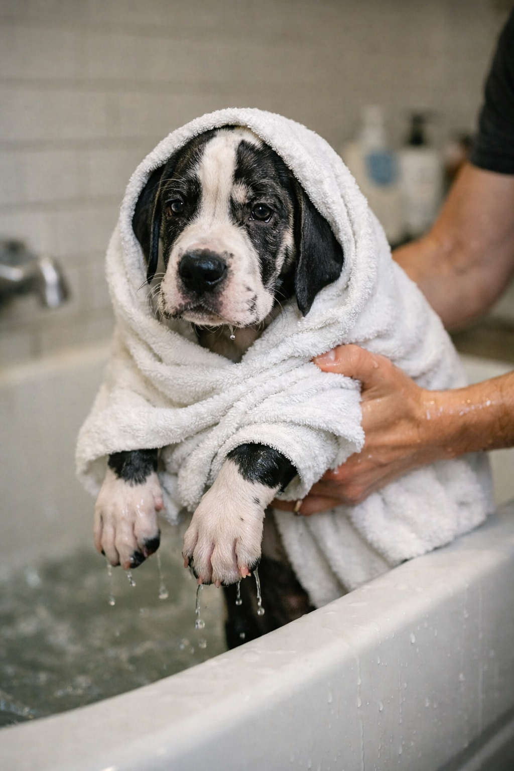 Great Dane puppy being lifted out of a tub